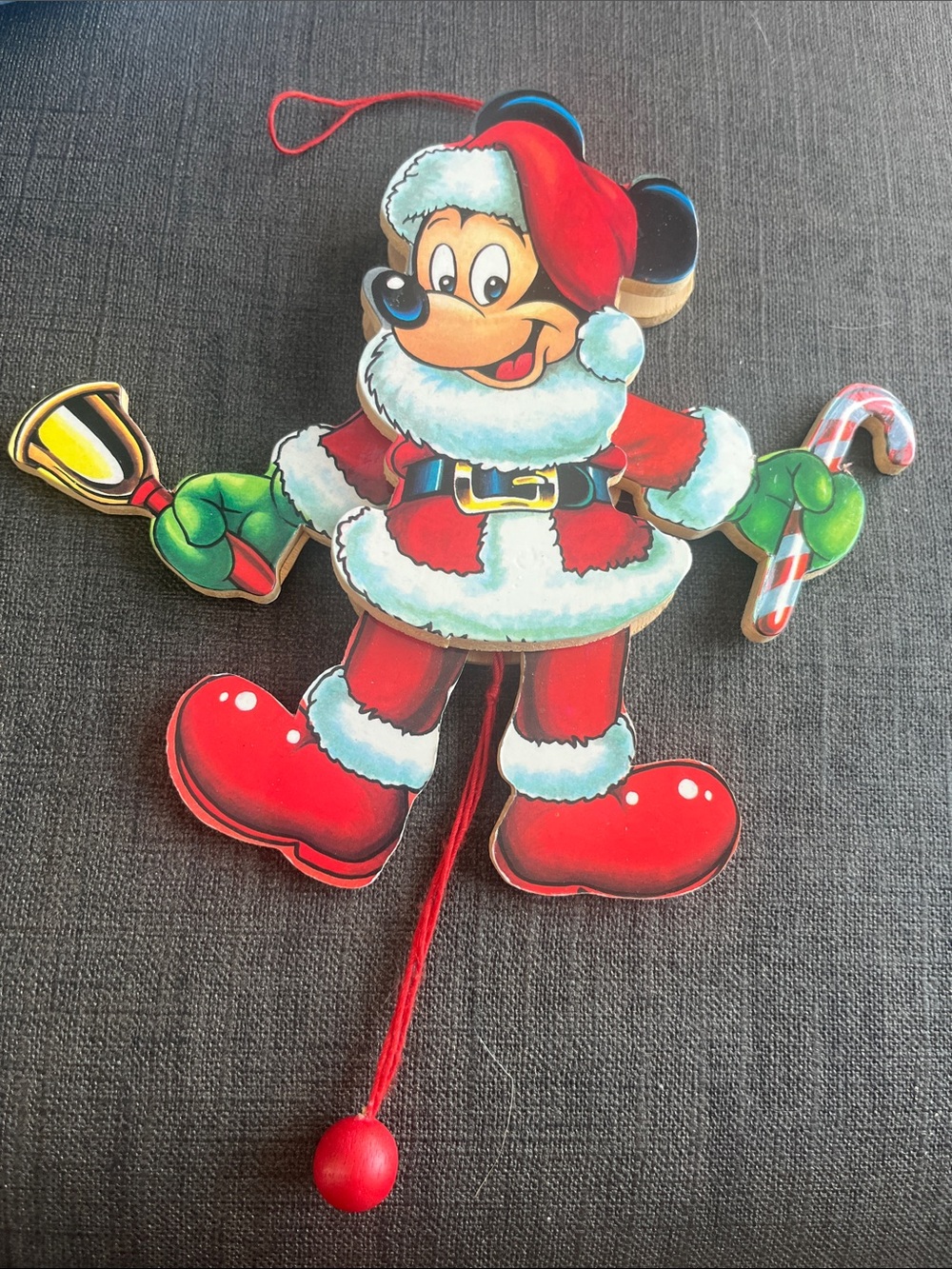Disney Santa Mickey Wooden Pull-String Ornament - Red, Green, White 6. 1/2 “